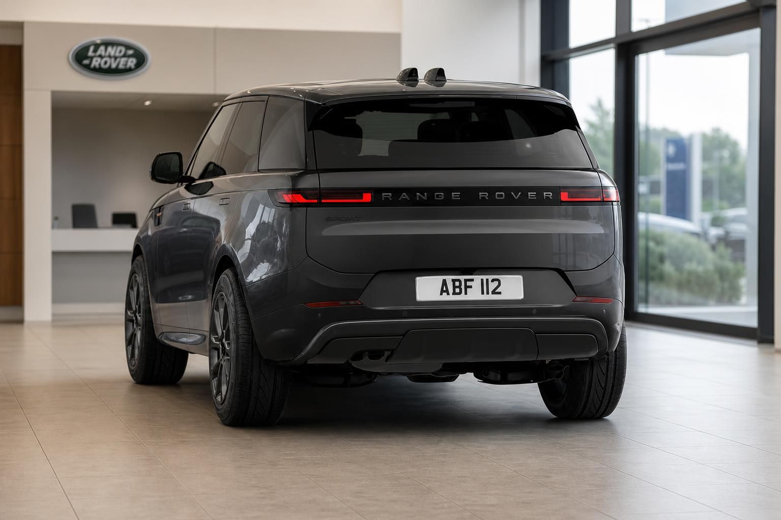 Range Rover Sport in Grau, Heckansicht im Autohaus Showroom
