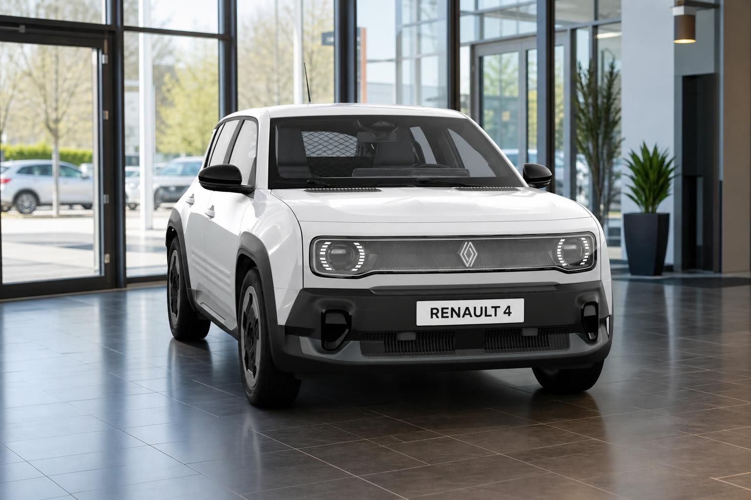 Renault 4 in Weiß, Frontansicht im Autohaus-Showroom