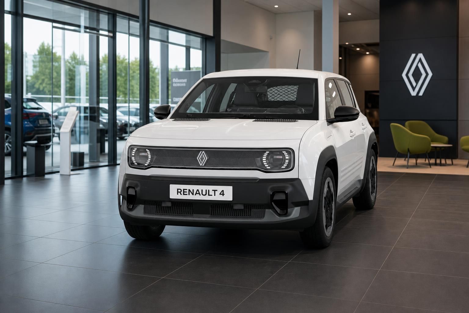 Renault 4 in Weiß, Frontansicht im modernen Autohaus