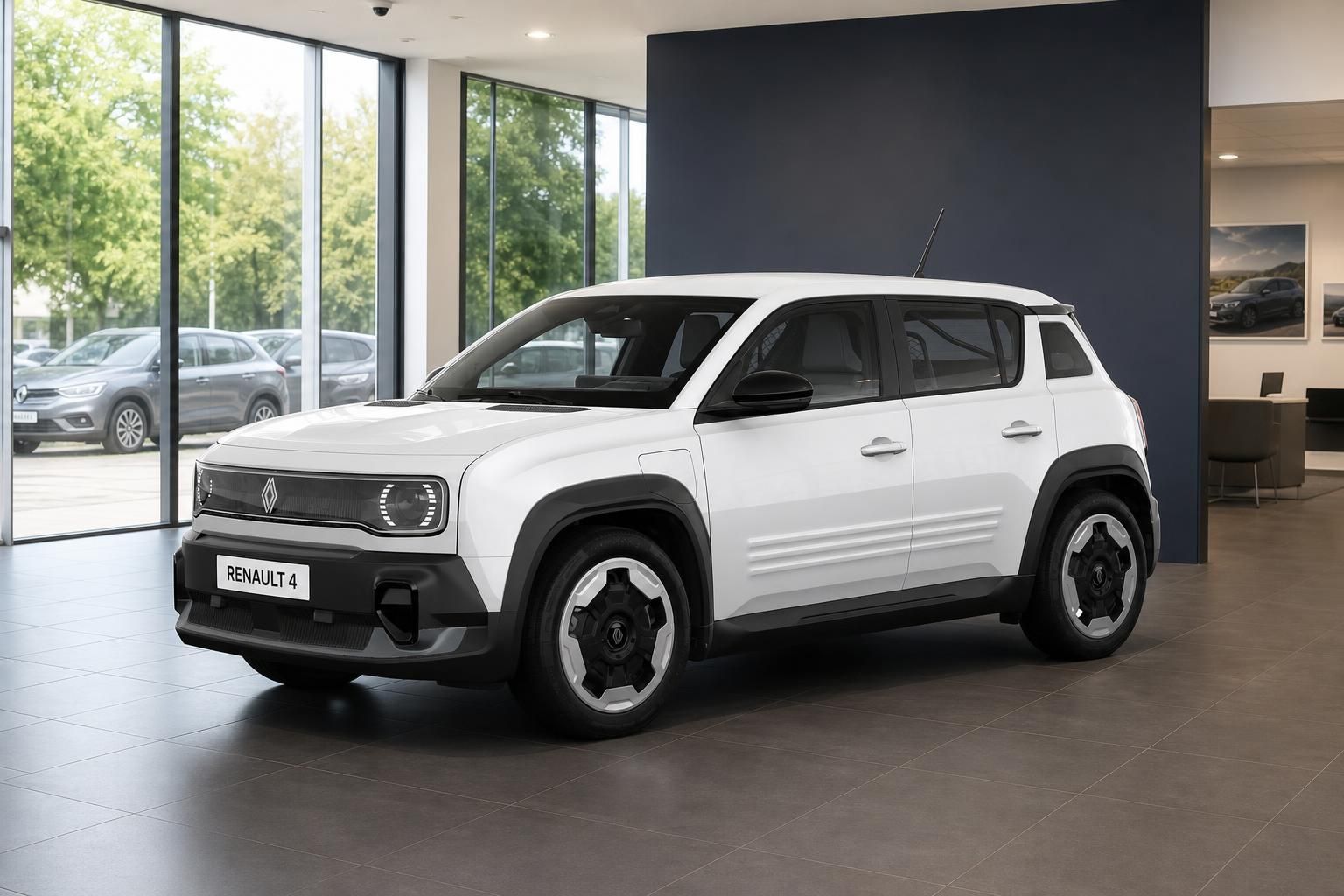 Renault 4 Elektro-SUV weiß, Frontansicht seitlich im Showroom