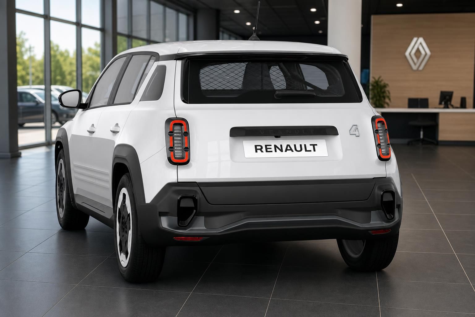 Renault 4 weiß, direkte Heckansicht mit markanten Rückleuchten