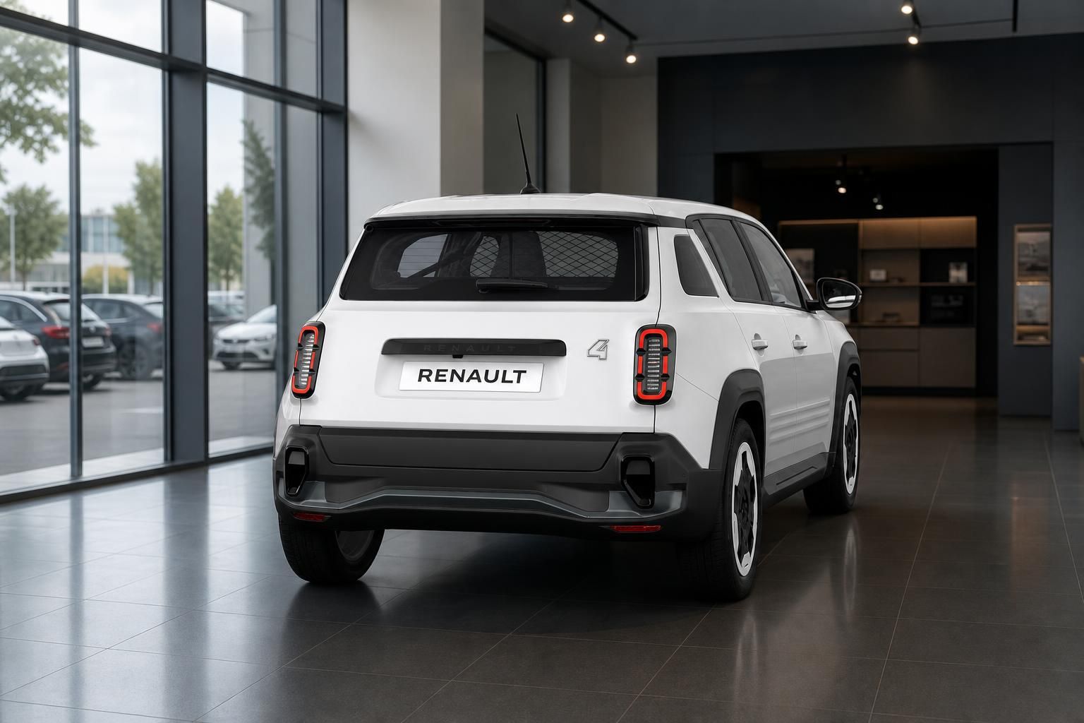 Renault 4 in Weiß, Heckansicht im Autohaus-Showroom