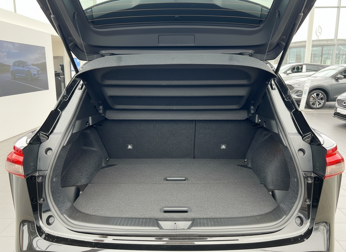 Kofferraum eines schwarzen Hyundai Tucson im Autohaus geöffnet mit Laderaum