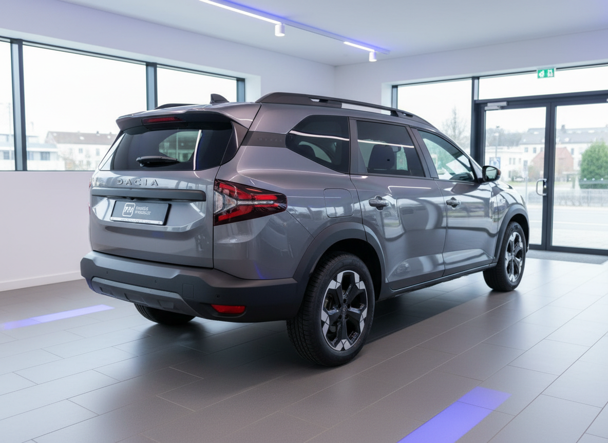 Dacia Jogger SUV in Grau – Heckansicht im Autohaus Showroom
