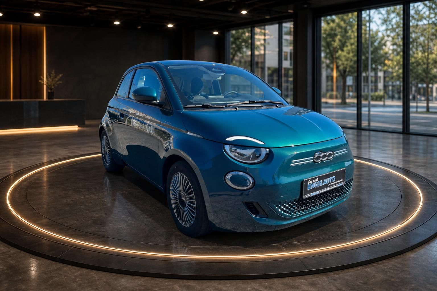 Blauer Fiat 500e im Autohaus - Schrägansicht vorne mit Glasfront und Beleuchtung