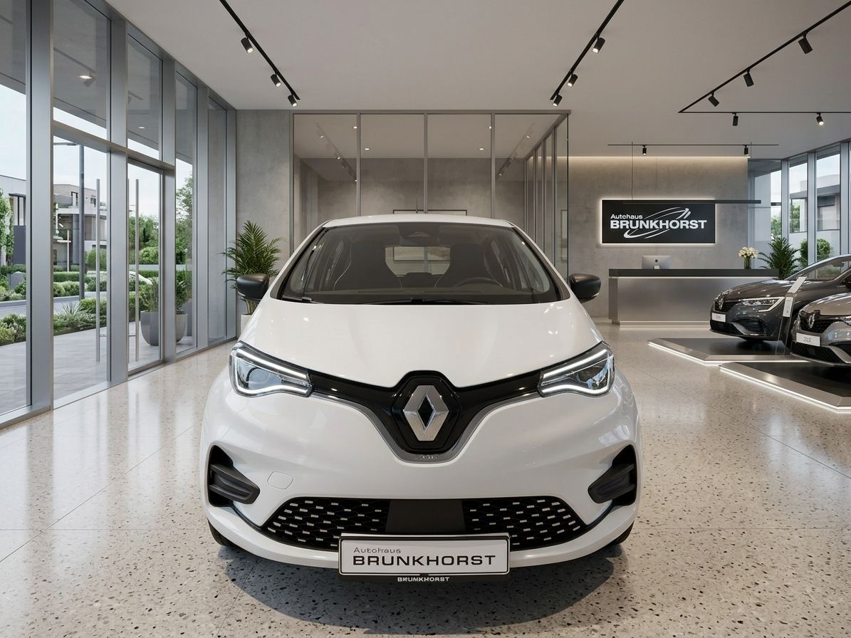 Renault ZOE Frontansicht weiß im Autohaus - Elektrofahrzeug Kleinwagen