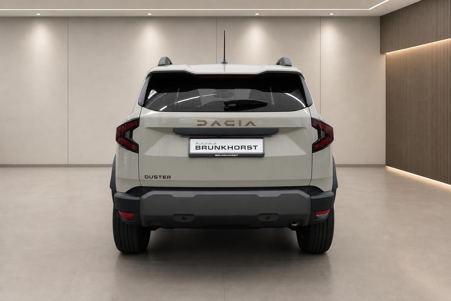Dacia Duster Heckansicht in Weiß mit Dachreling und LED-Rückleuchten