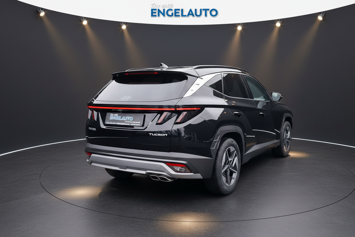 Schwarzer Hyundai Tucson SUV Heckansicht im Engelauto Showroom mit LED-Rückleuchten, Alufelgen und silbernen Designelementen