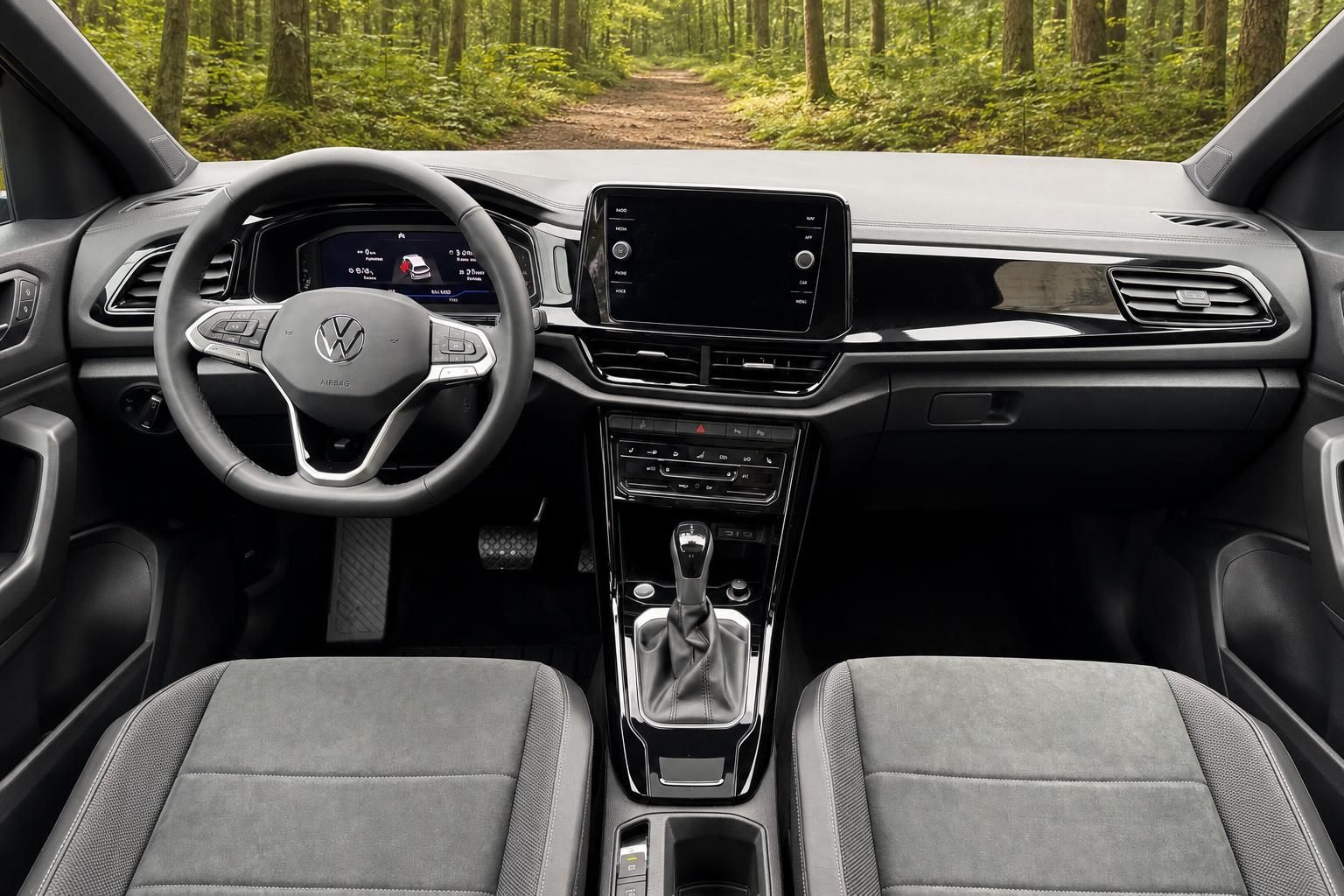 Volkswagen Cockpit mit Lenkrad, Armaturenbrett und Touchscreen - moderne Innenausstattung