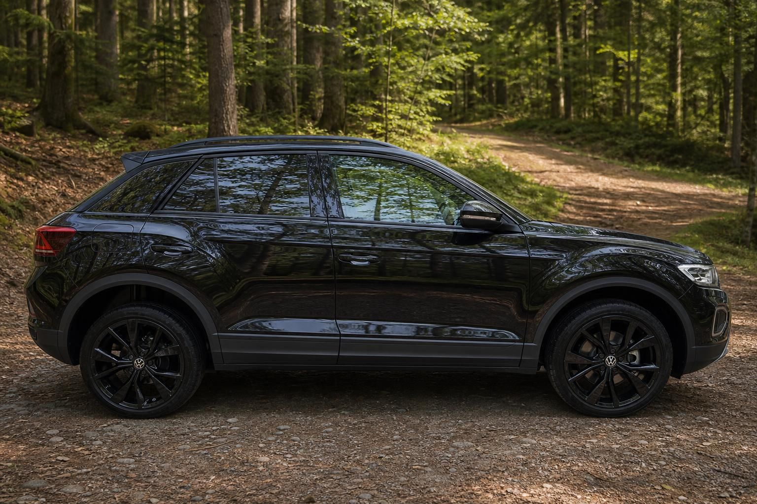 Schwarzer VW T-Roc SUV Seitenprofil mit schwarzen Alufelgen auf Waldweg fotografiert