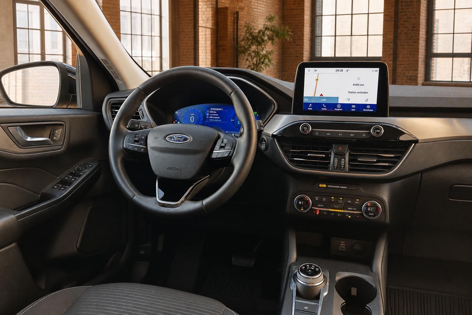 Ford Cockpit mit Lenkrad, Navigationsdisplay und Mittelkonsole Innenraum