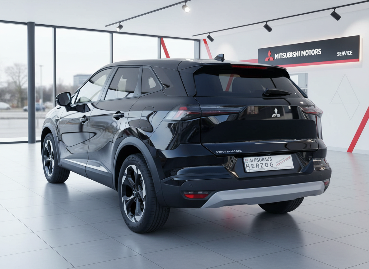 Schwarzer Mitsubishi Eclipse Cross SUV Heckansicht im Autohaus Herzog Showroom