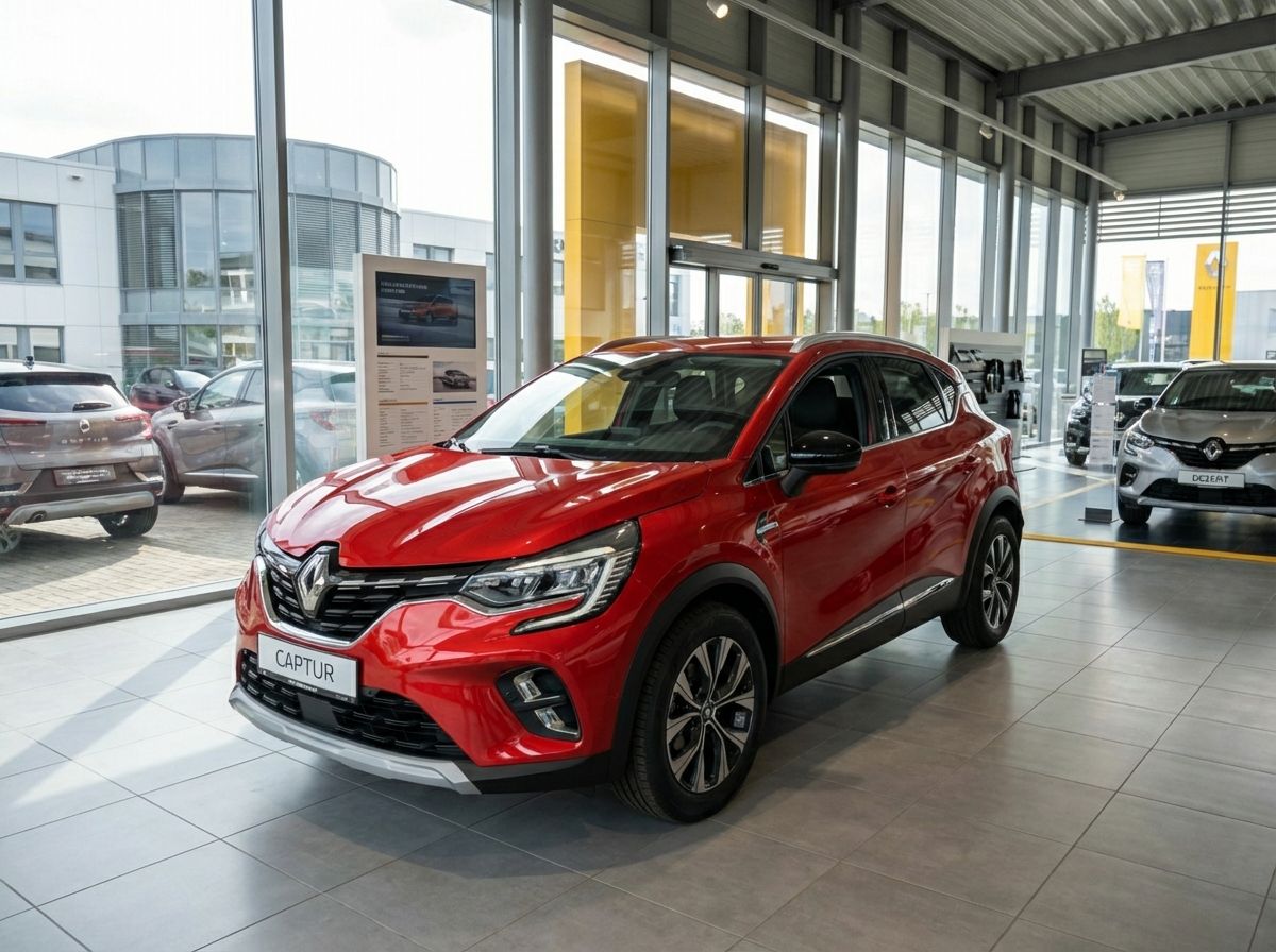 Roter Renault Captur SUV im Autohaus-Showroom, Frontansicht schräg links