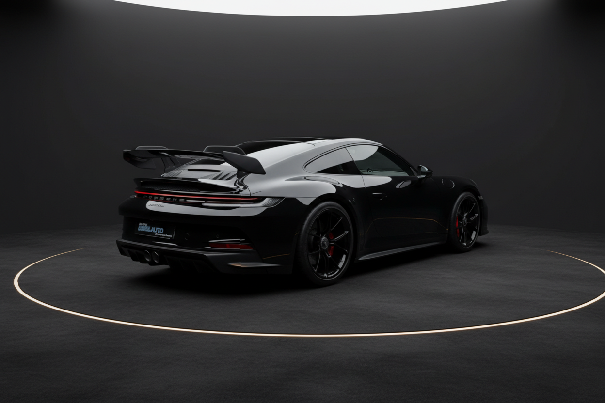 Schwarzer Porsche 911 Turbo S Heckansicht in dunklem Showroom mit elegantem Rundlicht, Sportwagen mit ausfahrbarem Heckspoiler und roten Bremsscheiben auf schwarzen Felgen