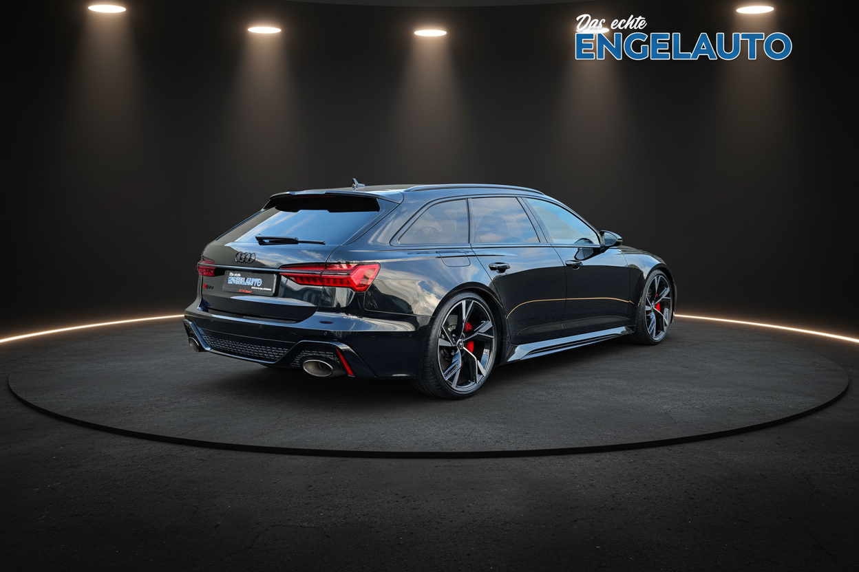 Schwarzer Audi RS6 Avant Kombi Heckansicht mit roten Bremsscheiben und sportlichen Felgen im Showroom von Engelauto