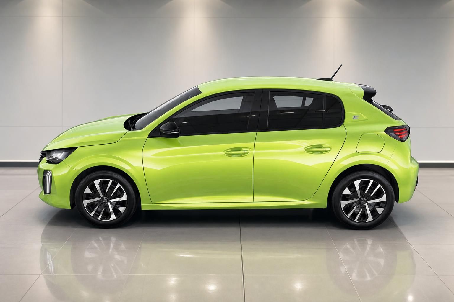 Peugeot E-208 in Gruen, Seitenansicht im Showroom