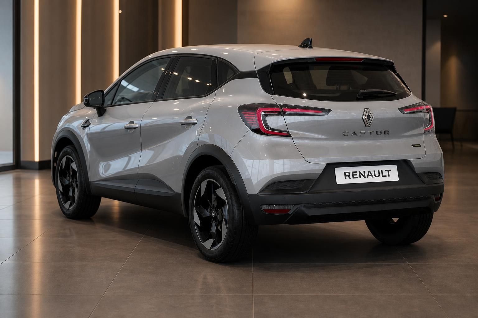 Renault Captur SUV silbergrau - Heckansicht mit LED-Rückleuchten im Autohaus-Showroom
