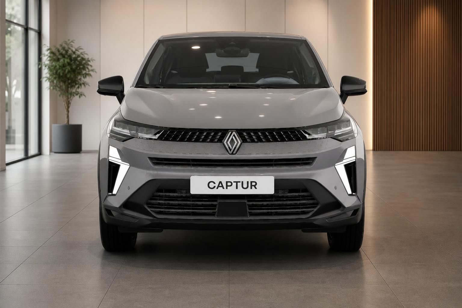 Renault Captur SUV in grau - Frontansicht mit LED-Scheinwerfern und Renault-Logo im Autohaus
