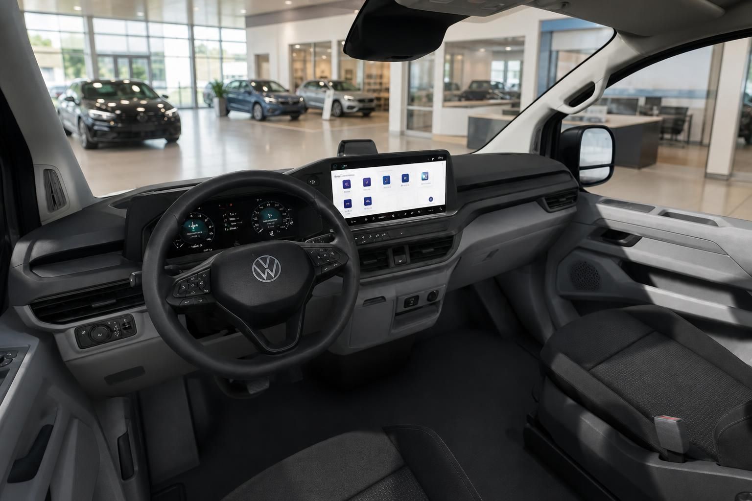 VW Transporter Cockpit mit Lenkrad und Infotainment-Display