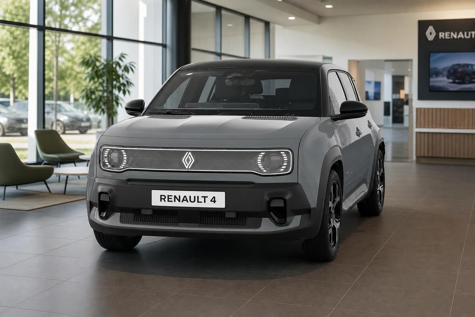 Renault 4 in Grau, Frontansicht im Autohaus-Showroom