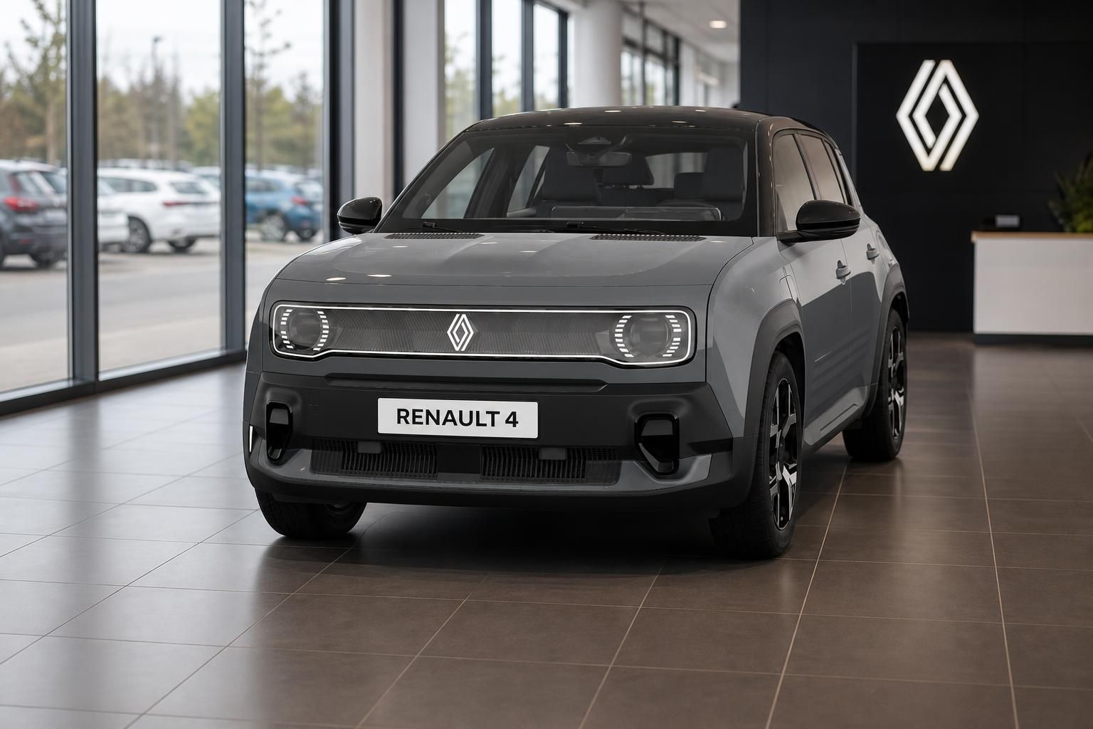 Renault 4 grau, Frontansicht im Showroom vor Panoramafenster