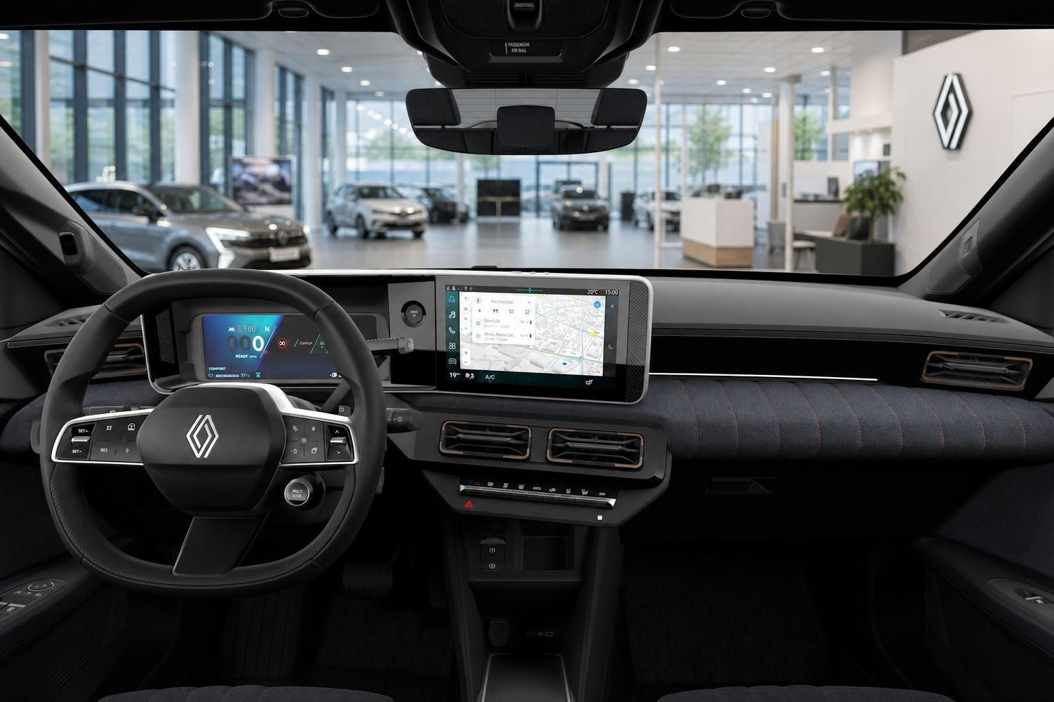 Renault 4 Innenraum mit Cockpit, Lenkrad und Navigationsdisplay