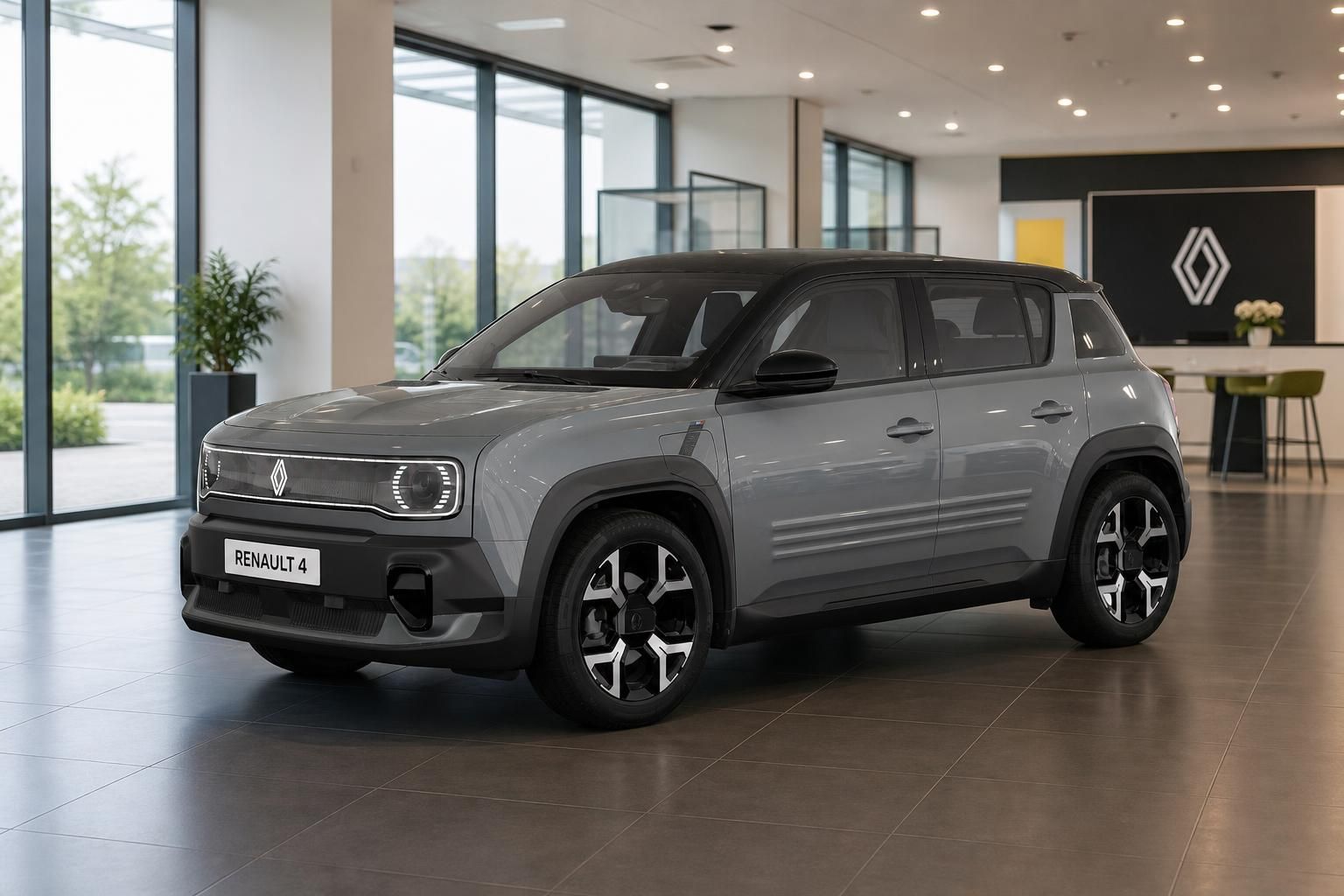 Renault 4 in Grau, Frontansicht im Autohaus Showroom
