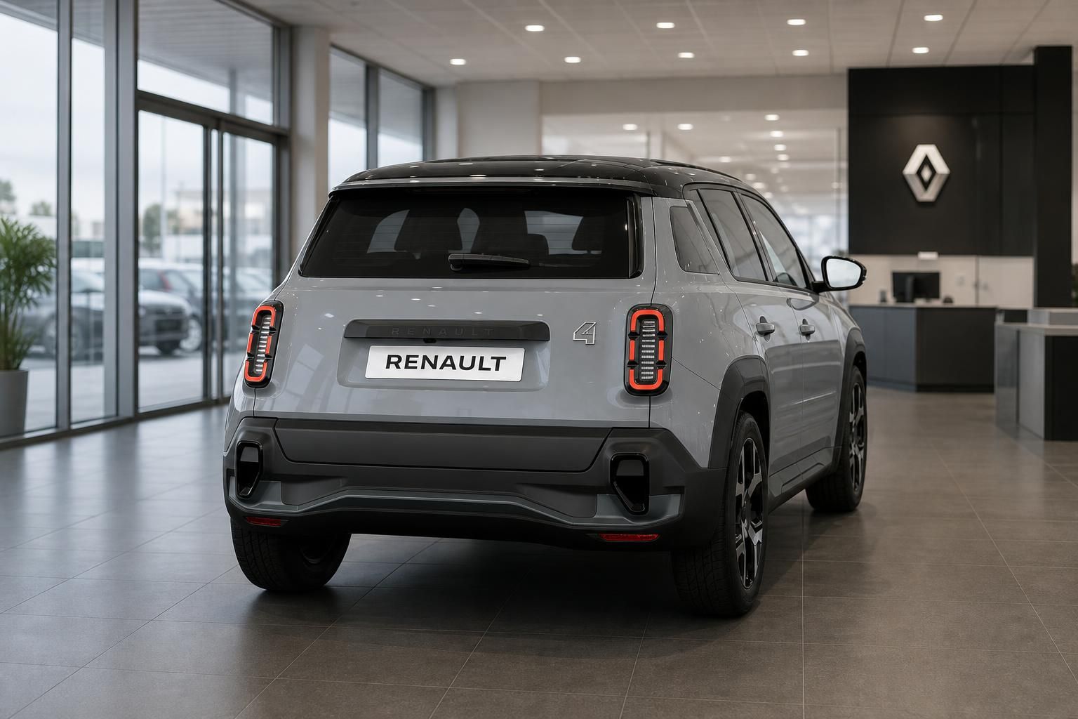 Renault 4 in Grau, Heckansicht im Autohaus-Showroom