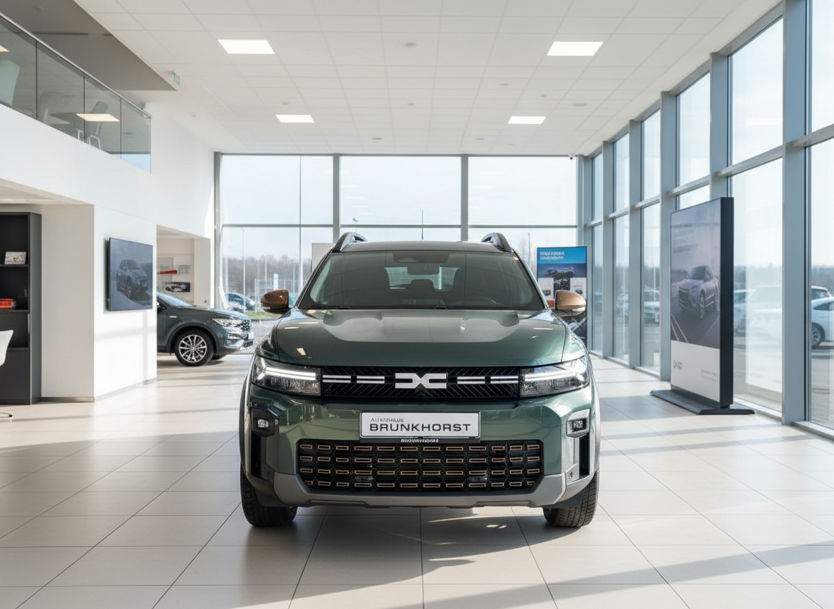 Grüner Dacia Duster Neuwagen Frontansicht im Autohaus Brunkhorst Showroom