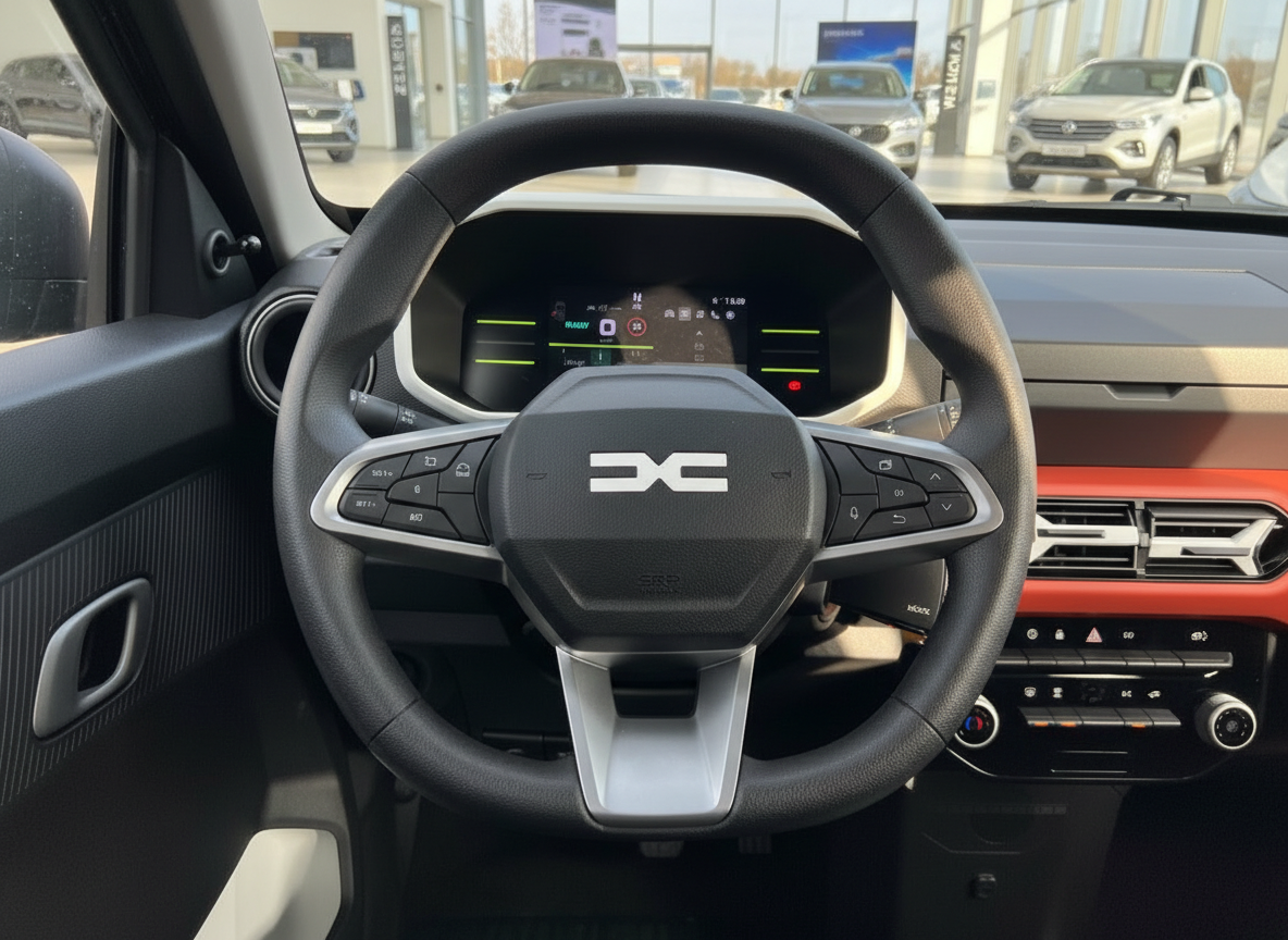 Dacia Innenraum Lenkrad mit digitalem Cockpit und orangefarbenem Armaturenbrett im Autohaus