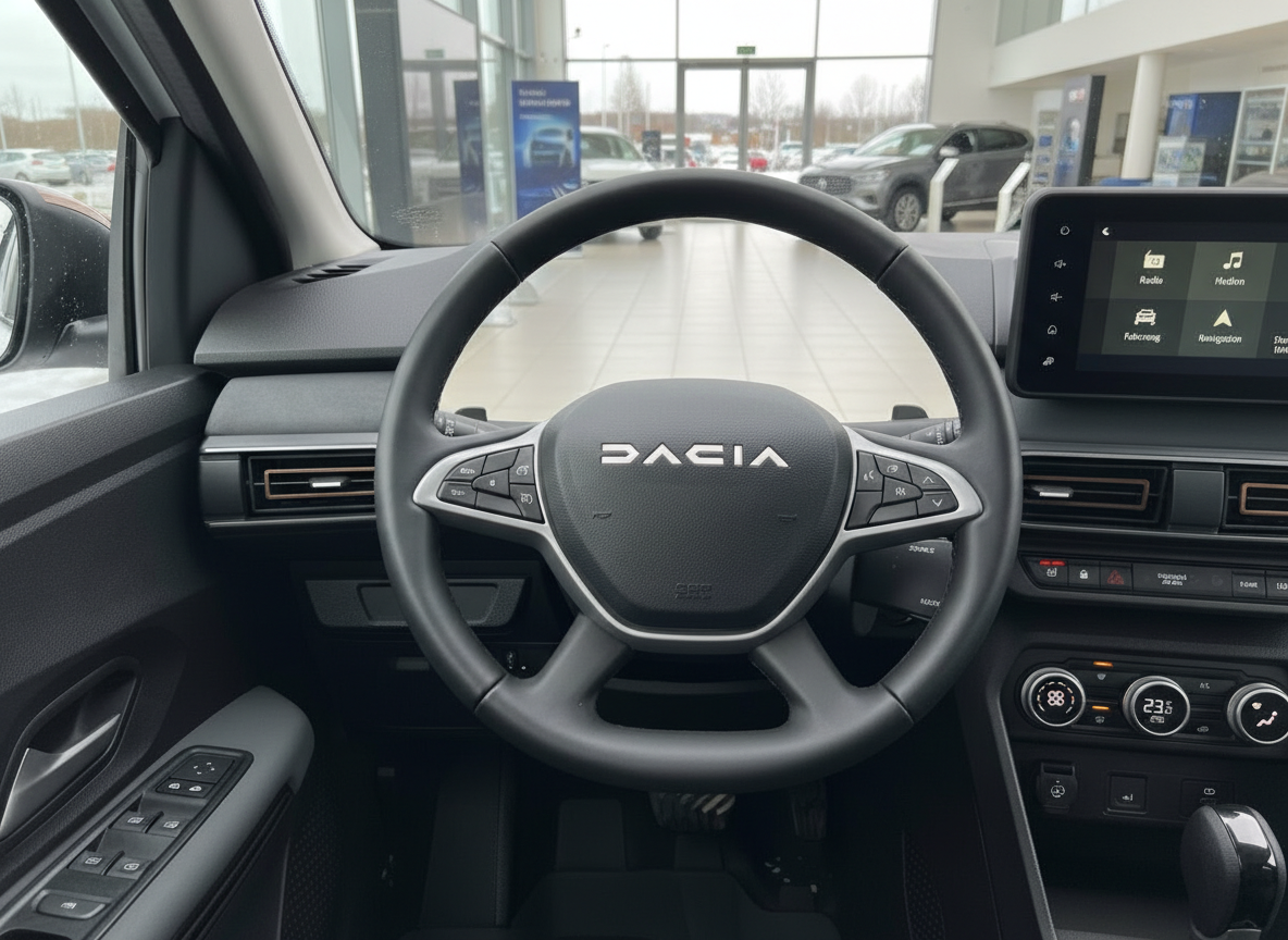 Dacia Innenraum Cockpit mit Lenkrad, Touchscreen-Display und Klimaanlage im Autohaus