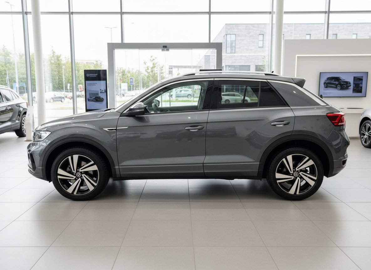 Volkswagen T-Roc SUV in Grau seitliche Ansicht im Autohaus Showroom