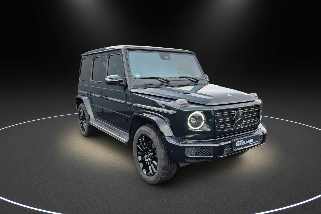 Schwarzer Mercedes-Benz G-Klasse Geländewagen mit schwarzen Felgen im Studio – Frontansicht