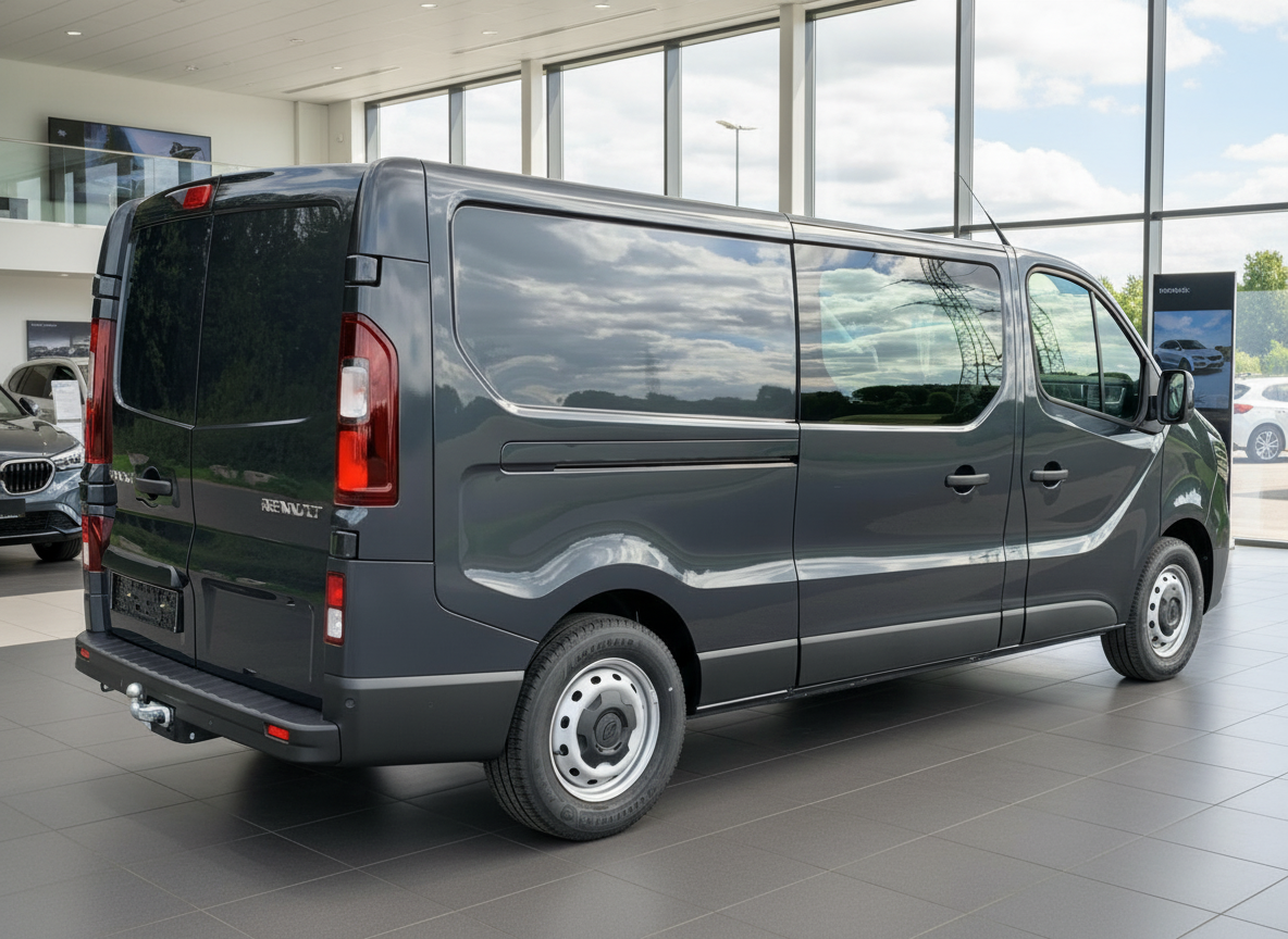 Renault Trafic Kastenwagen in Dunkelgrau im Autohaus – langer Radstand mit Anhängerkupplung