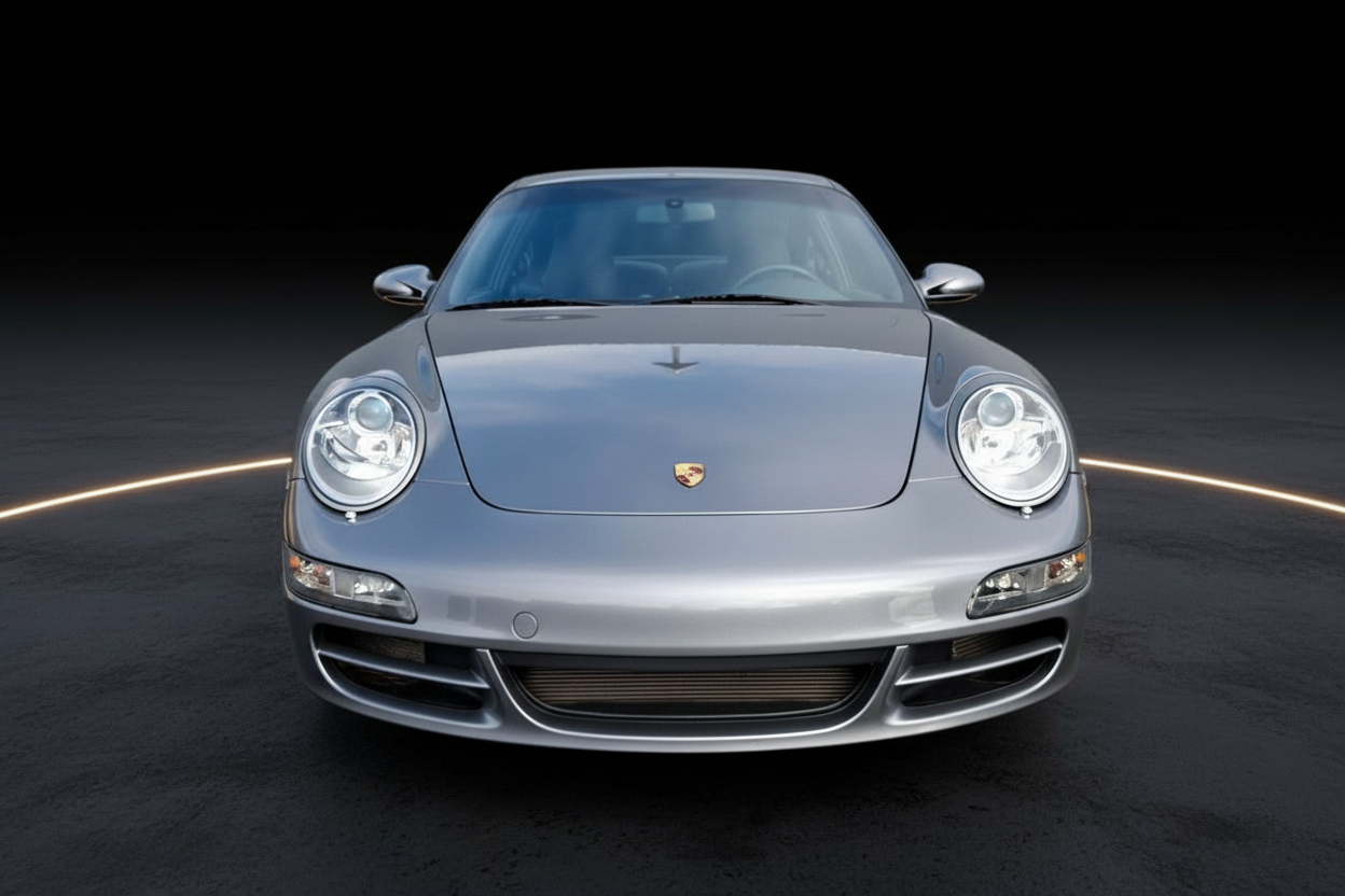Silberner Porsche 911 (997) Carrera Frontansicht im Fotostudio
