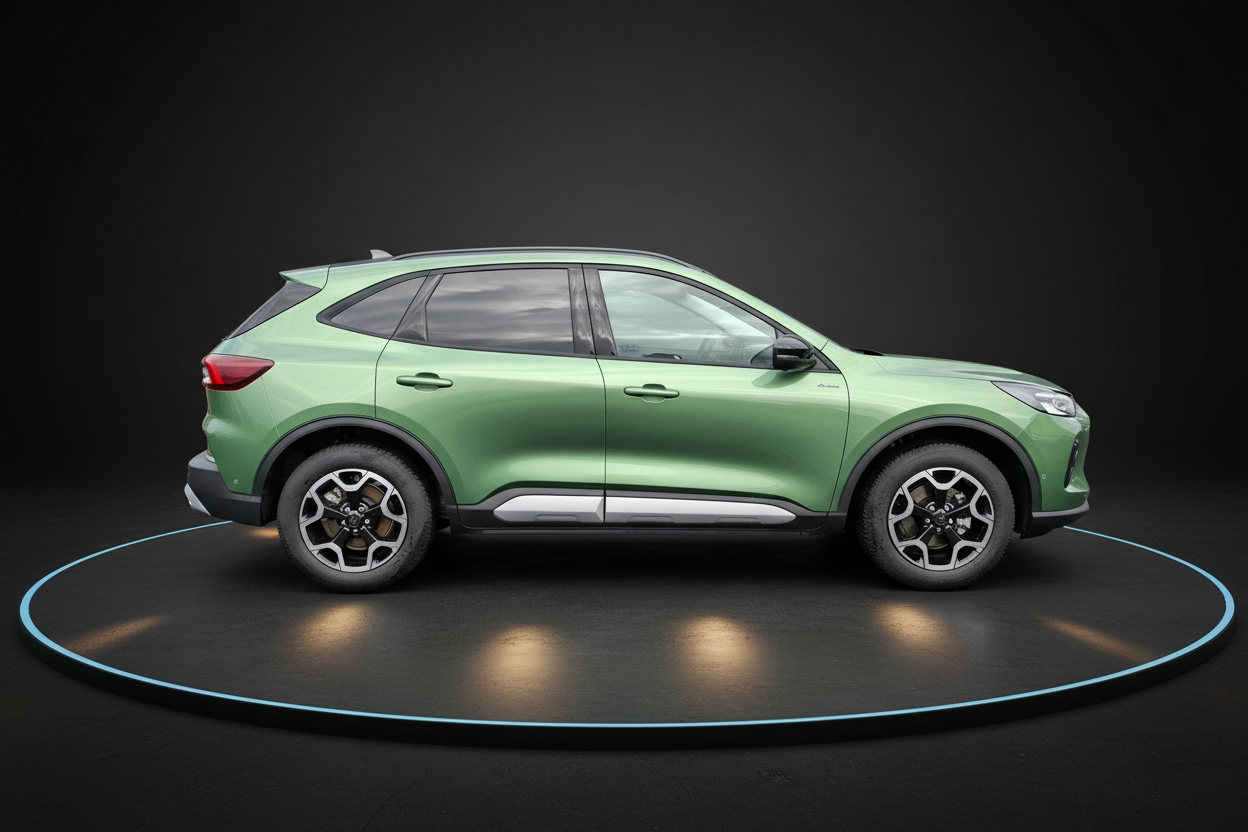 Grüner Ford Kuga SUV Seitenansicht im Studio mit dunklem Hintergrund