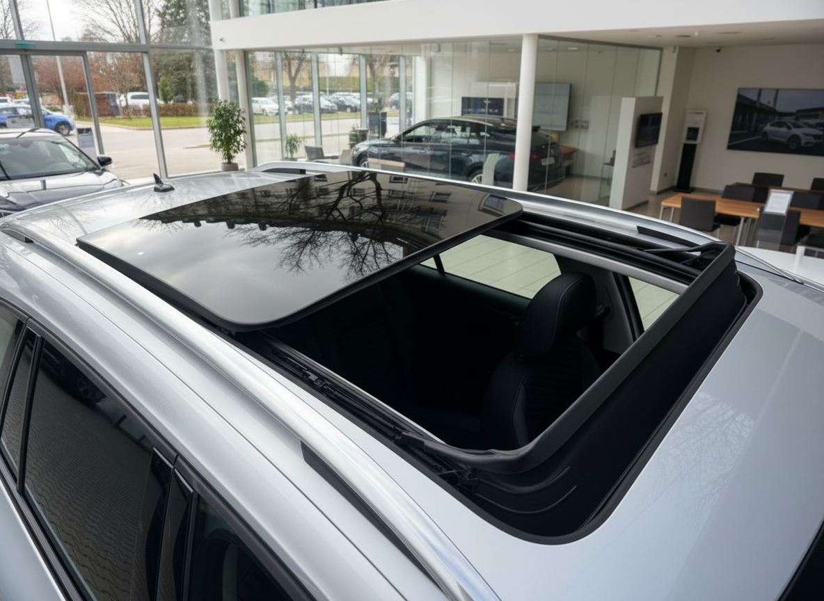 Silbernes SUV mit geöffnetem Panorama-Schiebedach im Autohaus-Showroom