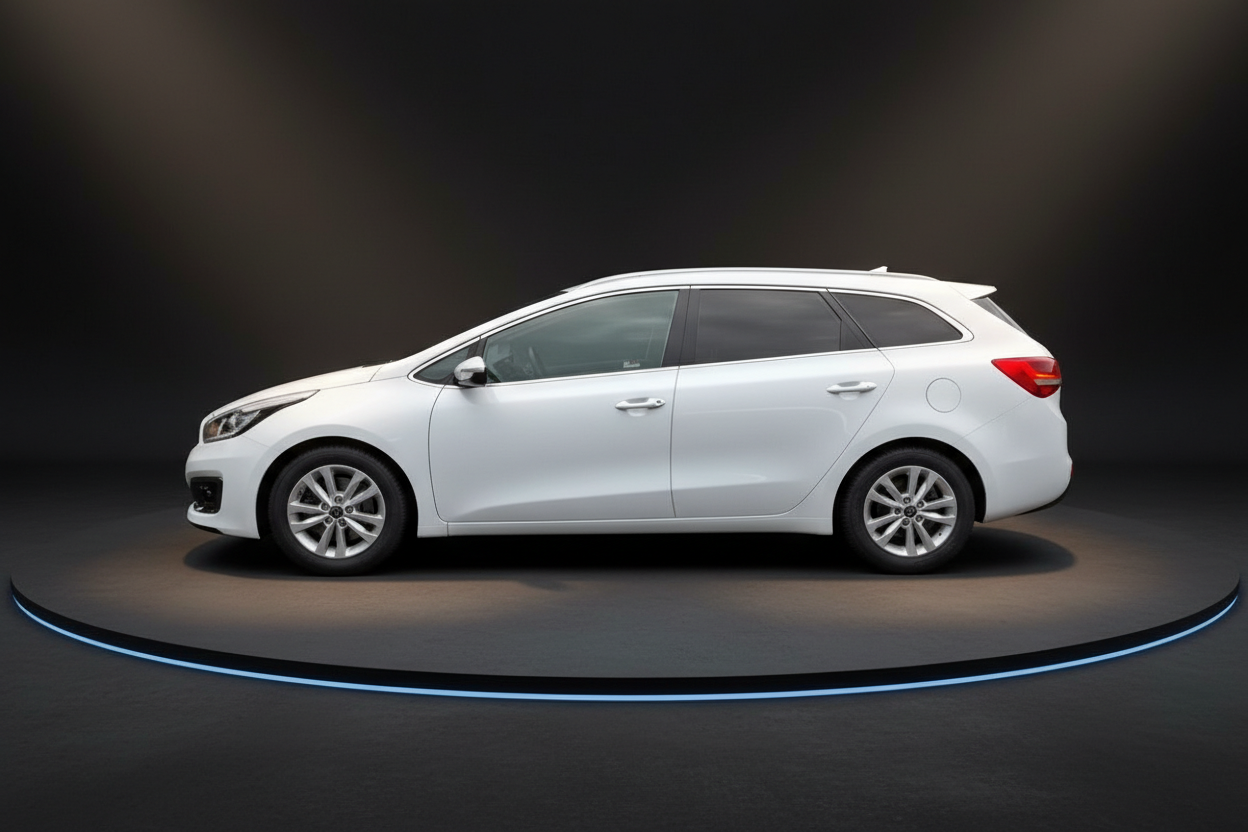 Weißer Kia ceed Sportswagon Kombi in Studiobeleuchtung – Seitenansicht