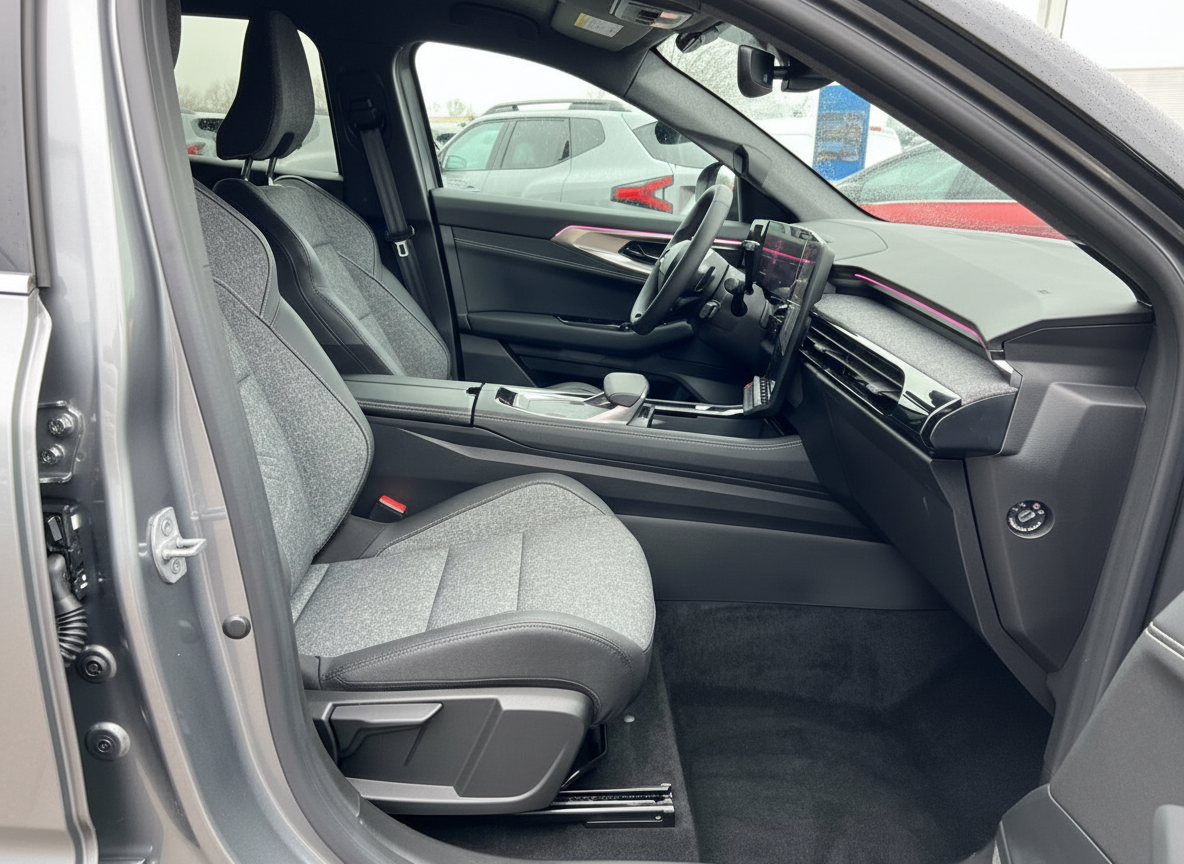 Fahrzeuginnenraum mit grauen Stofssitzen, modernem Touchscreen und Ambientebeleuchtung