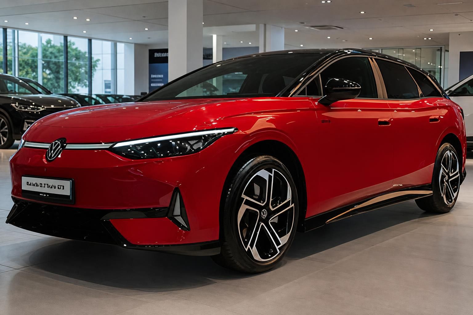 VW ID.7 Tourer GTX in Rot Frontansicht schräg im Autohaus mit LED-Scheinwerfern und schwarzem Dach