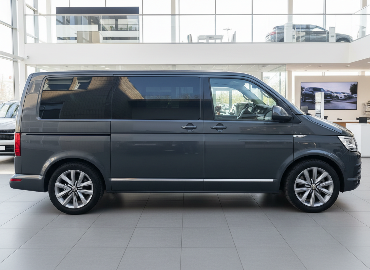 Volkswagen Transporter T6 Multivan grau Seitenansicht im Autohaus Showroom