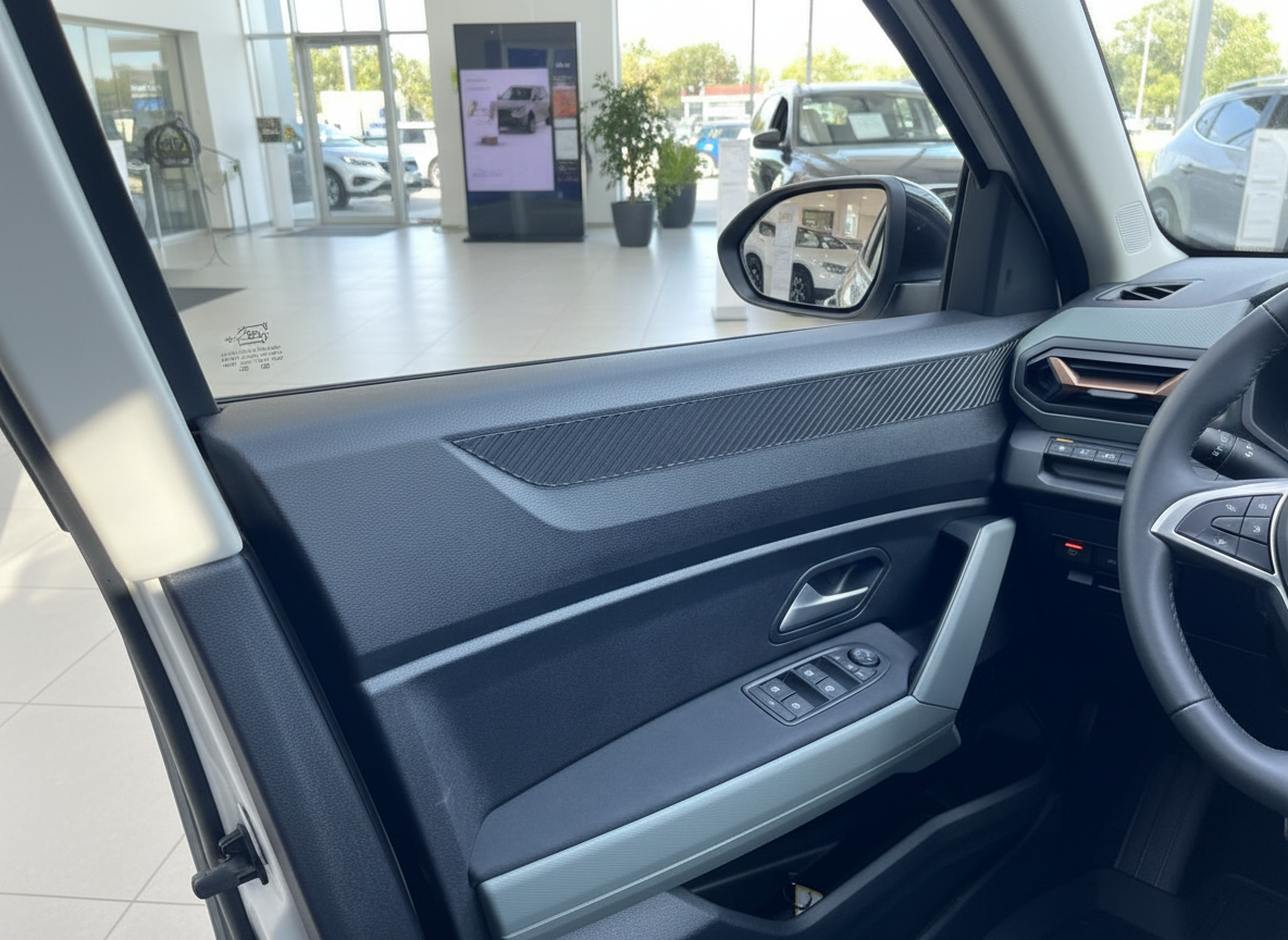 Fahrzeuginnenraum Fahrertür mit Fensterheber und Spiegel im Autohaus