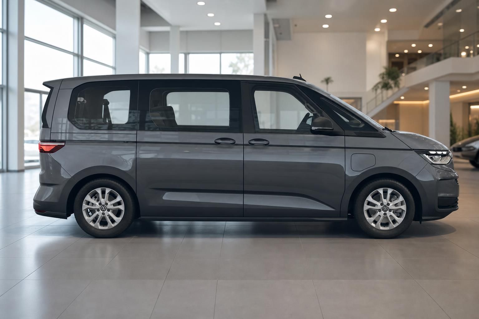VW Multivan grau Seitenansicht im modernen Autohaus