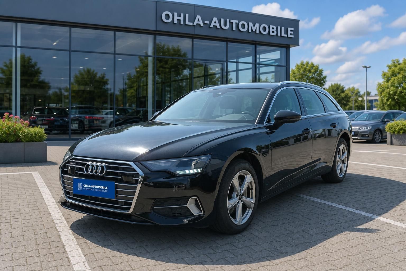 Audi A6 Avant schwarz Frontansicht seitlich beim Autohaus