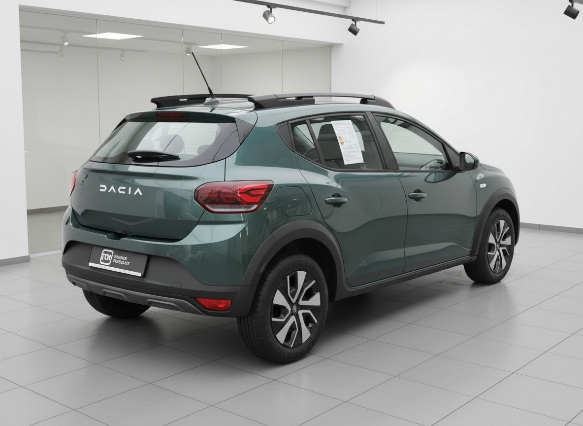 Dacia Sandero Stepway in Grün – Heckansicht im Autohaus Showroom