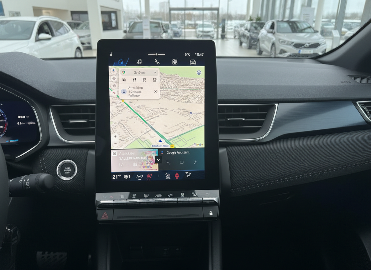Fahrzeug-Infotainment-Display mit Google Maps Navigation und Android Auto im Innenraum
