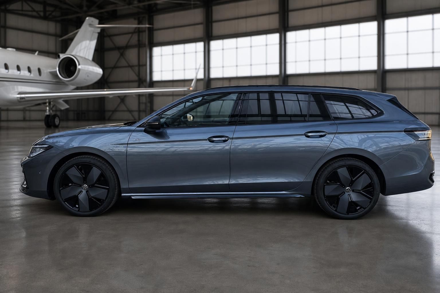 Grauer Volkswagen Passat Variant - rechte Seitenansicht mit schwarzen Felgen vor Privatjet
