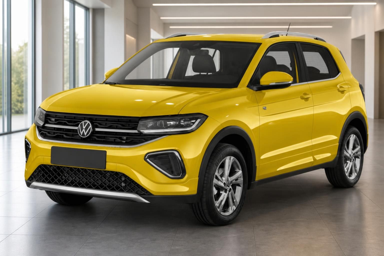 VW T-Cross gelb in der Dreiviertel-Frontansicht im modernen Autohaus-Showroom