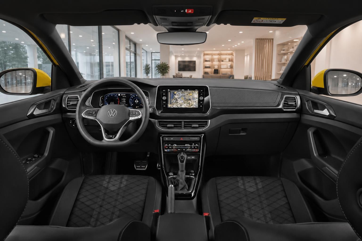 VW T-Cross Innenraum mit digitalem Cockpit, Touchscreen-Navi und schwarzer Ausstattung