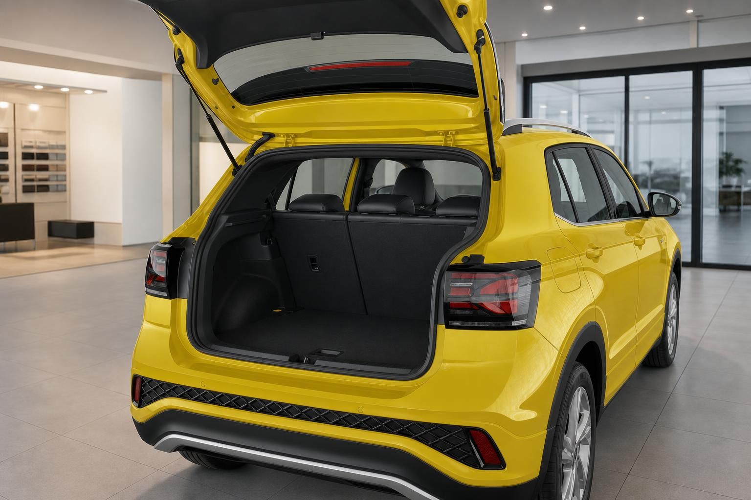 Gelber VW T-Cross SUV mit geöffnetem Kofferraum im Autohaus - Blick auf Laderaum und Innenausstattung